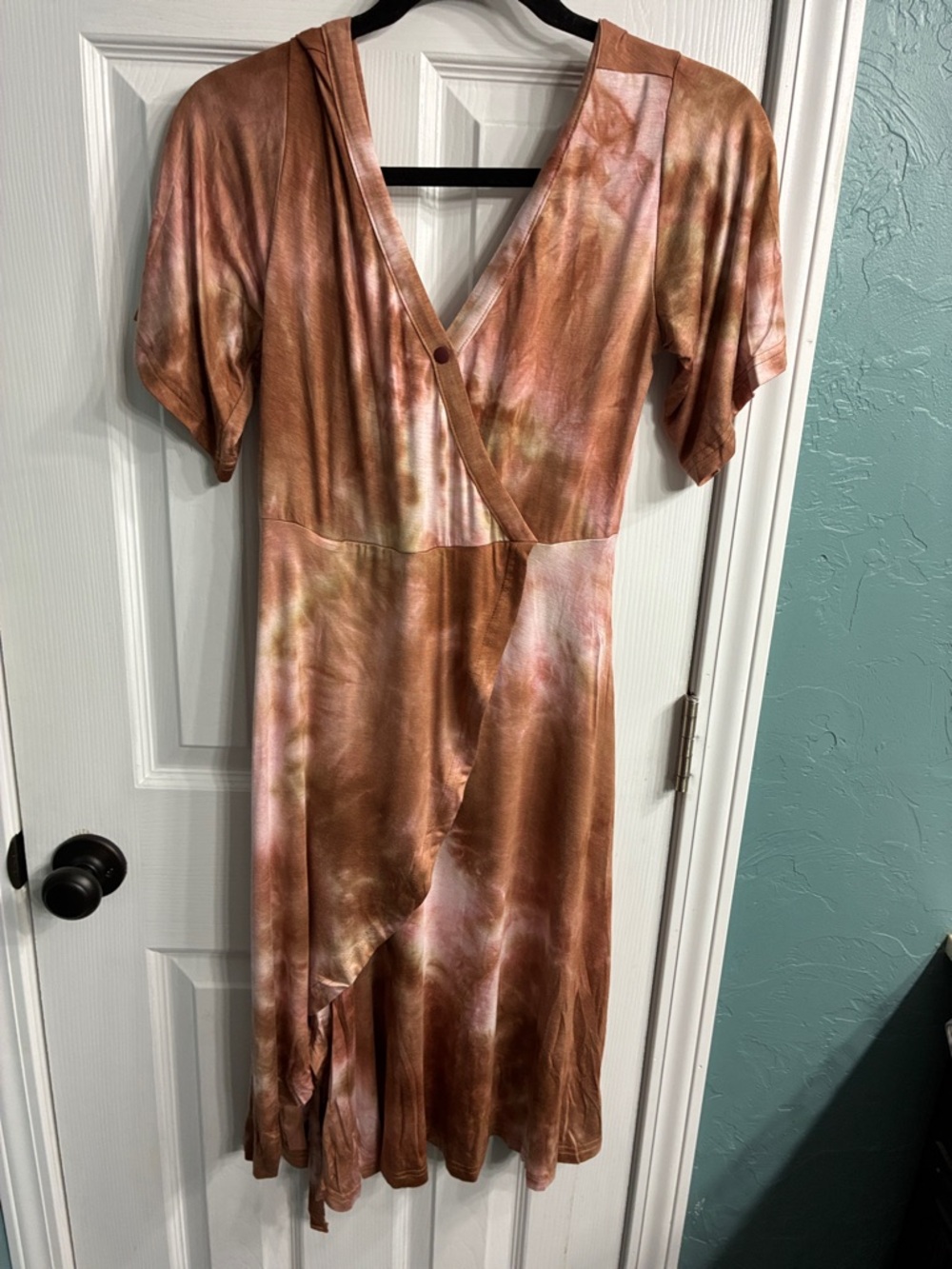 Latched Mama Copper and Cream Tie-Dye Midi Wrap Dress Labor and postpartum